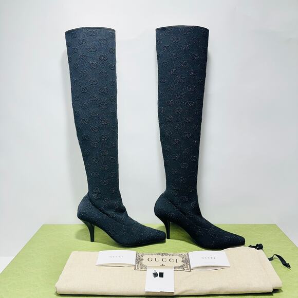 Gucci Demi 37/ US 7 Logo jacquard Metallic Stretch Knit Over The Knee Boots NIB - Picture 5 of 15